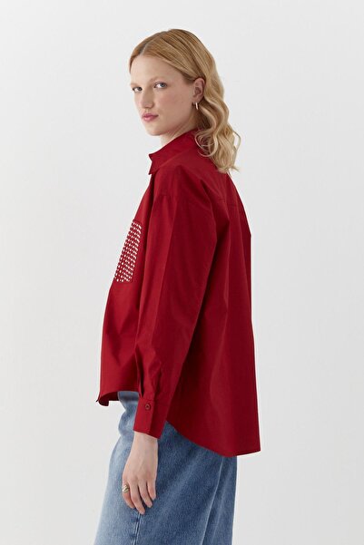 MARKALİSTE Pocket Detailed Shirt with Stone Detail Burgundy