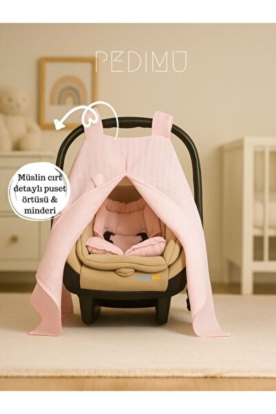 Pedimu Müslin Pembe Renk Cırt Detaylı Puset Örtüsü Ve Puset Minderi Set