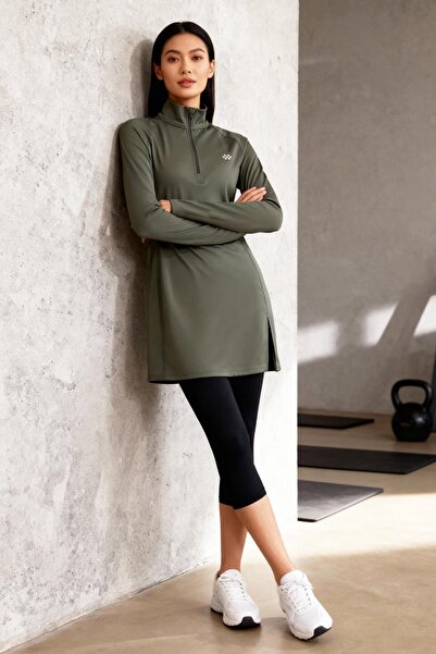 TOMMY LIFE Χακί με μισό φερμουάρ ψηλός λαιμός Standard Fit Γυναικείο αθλητικό τουνίκ - 97309