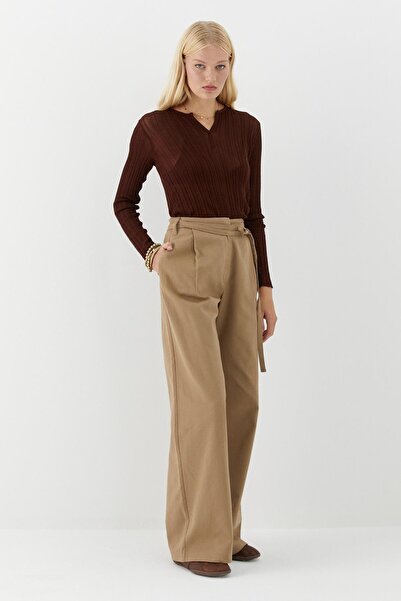 MARKALİSTE Belt Detailed High Waist Palazzo Trousers Beige