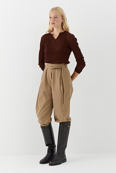 MARKALİSTE Belt Detailed High Waist Palazzo Trousers Beige