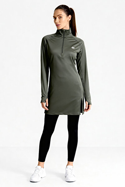 TOMMY LIFE Χακί με μισό φερμουάρ ψηλός λαιμός Standard Fit Γυναικείο αθλητικό τουνίκ - 97309