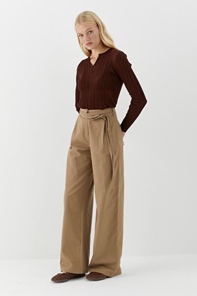 MARKALİSTE Belt Detailed High Waist Palazzo Trousers Beige