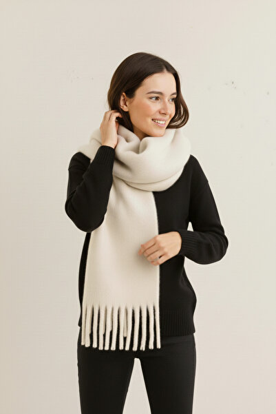 Bermody Puffy Off-White, cu textura moale, eșarfă pentru femei, șal pentru umăr, 50 x 190 cm