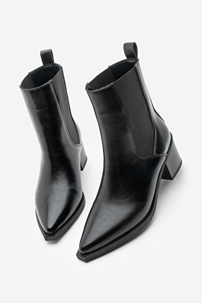 Marjin Women's Pointed Toe Thick Heeled Double Elastic Heeled Boots Ropes Black