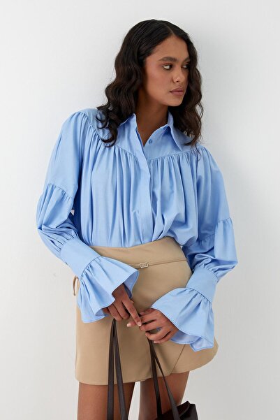 MARKALİSTE Volan Sleeve Detailed Gathered Shirt Blue