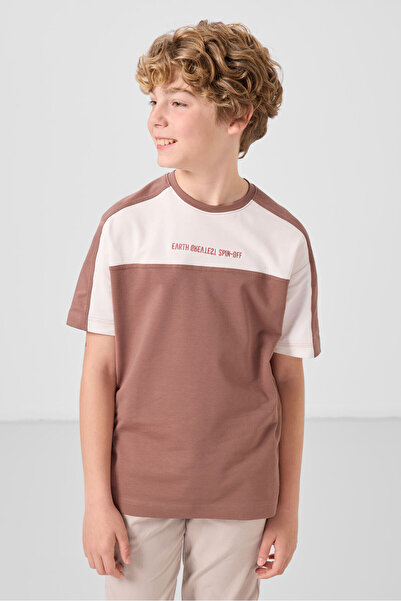 TOMMY LIFE Tarçın Pamuklu Yumuşak Dokulu Oversize Fit Nakışlı Erkek Çocuk T-S...