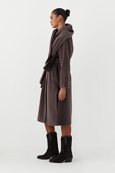 MARKALİSTE Long Cashmere Coat with Scarf Brown