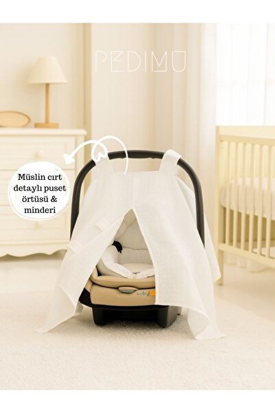 Pedimu Beyaz Renk Cırt Detaylı Puset Örtüsü Ve Puset Minderi Set