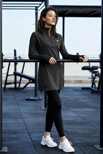 TOMMY LIFE Anthracite Half Zipper Mock Neck Standard Fit Women's Athlete Tunic - 97309
