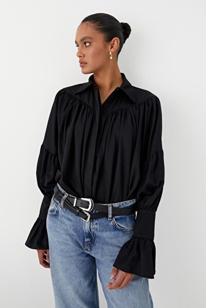 MARKALİSTE Volan Sleeve Detailed Gathered Shirt Black