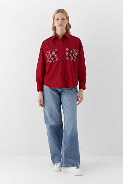 MARKALİSTE Pocket Detailed Shirt with Stone Detail Burgundy