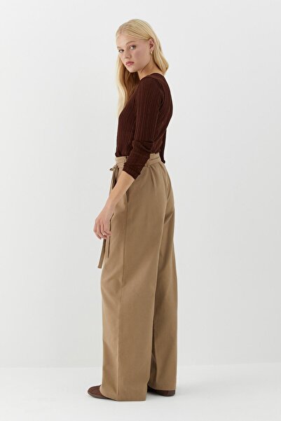 MARKALİSTE Belt Detailed High Waist Palazzo Trousers Beige