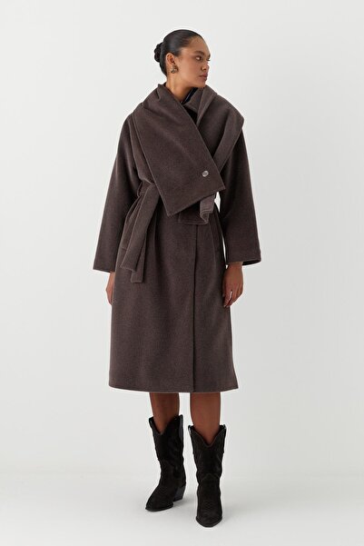 MARKALİSTE Long Cashmere Coat with Scarf Brown