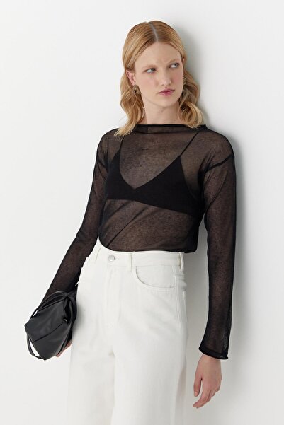 MARKALİSTE Ημιδιαφανές μακρυμάνικο μπλουζάκι μαύρο