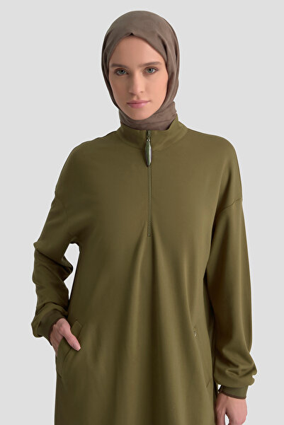 Armine Mock Neck Basic Lycra Tunic with Ribbed Sleeves and Zipper