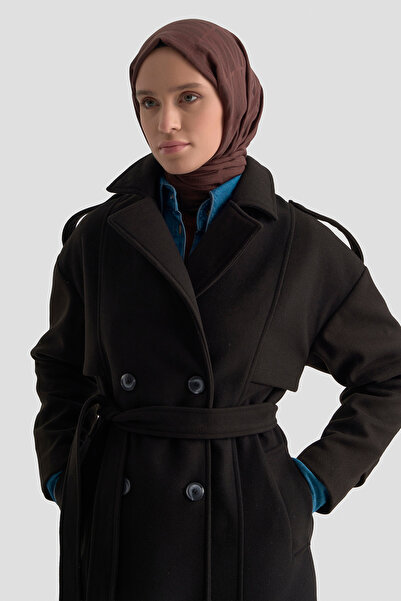 Armine Trend Buttoned Belted Shoulder Epaulettes Lined Thick Coat