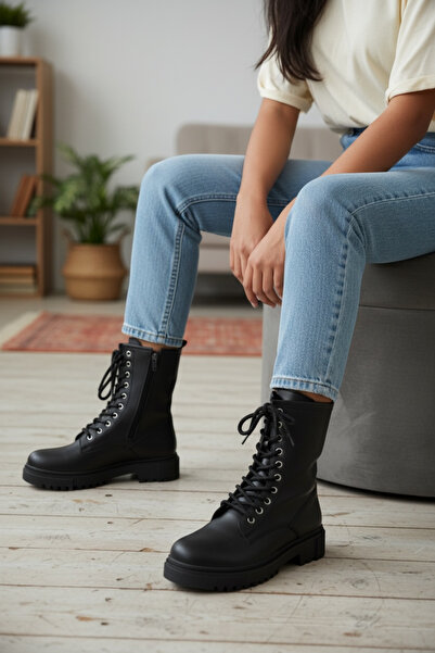 Y&D Shoes 2025 Νέα σεζόν Γυναικείες μπότες με μαύρο κορδόνι με φερμουάρ και χοντρή σόλα