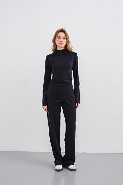 Basicpark Dark Navy Women's Soft Textured Premium Modal Turtleneck Asymmetric Cut Bottom-Top Set