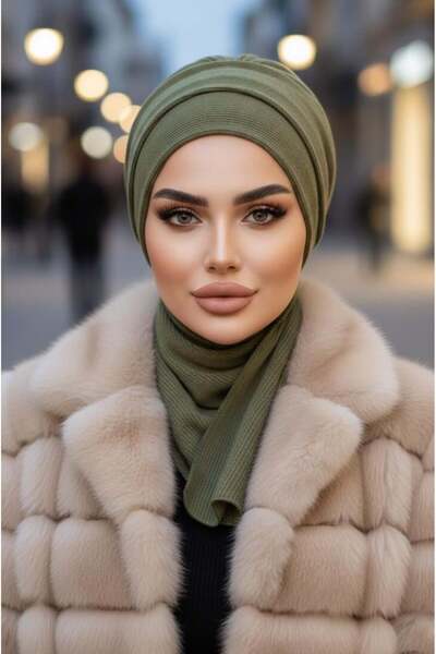 Aişe tesettür Khaki Knitwear Scarf Hijab Bonnet