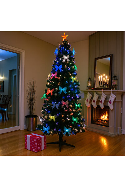 PROCART Artificial tree with fiber optics and ribbons, 180 cm, star, multicolor lights, metal stand