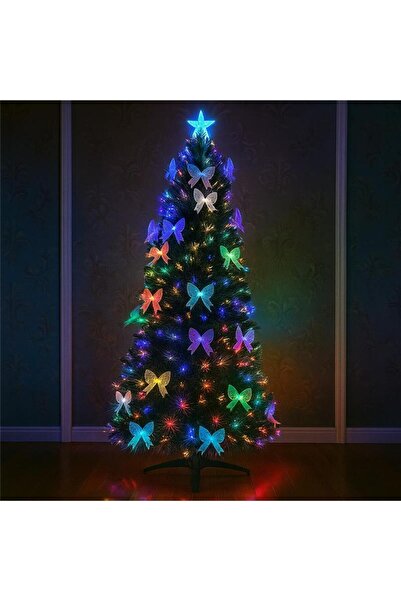PROCART Artificial tree with fiber optics and ribbons, 180 cm, star, multicolor lights, metal stand