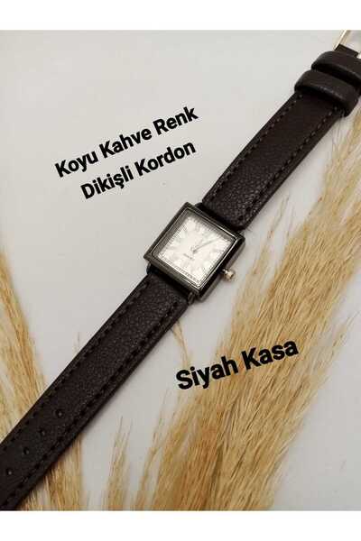 Classy Sare Model Koyu Kahve Renk Dikişli Kordon Siyah Kasa Özel Tasarım Kadın Kol Saati bb0136