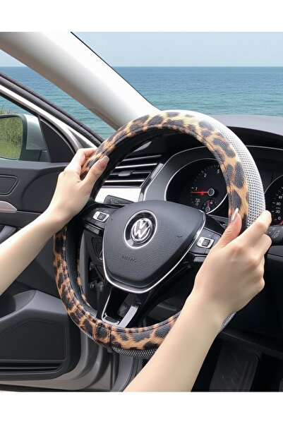 Fox Kadınlara Özel Gümüş Taşlı Sarı Leopar Desenli Direksiyon Kılıfı