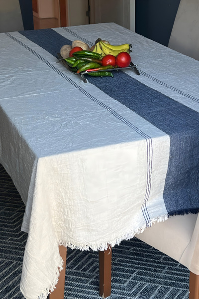 Bahtiyar İpek Lacivert Şeritli Pamuk Keten El Dokuma Çok Amaçlı Masa Koltuk Ö...