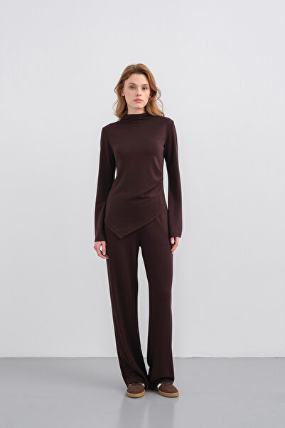Basicpark Coffee Women's Soft Textured Premium Modal Turtleneck Asymmetric Cut Bottom-Top Set