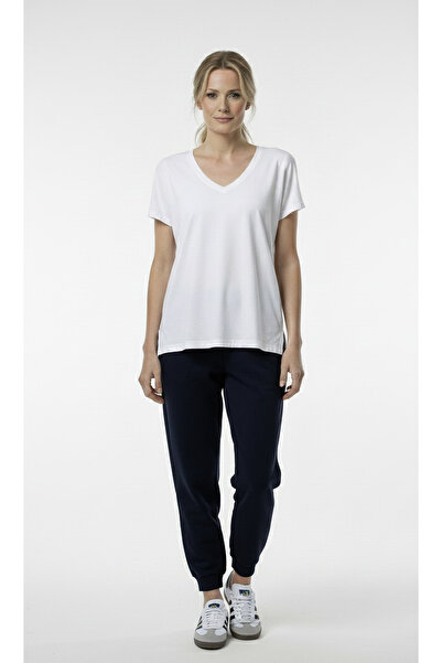 Cottonland Kadın TRISHA Normal Kesim Kısa Kol V Yaka Penye Pamuk T-Shirt BEYAZ