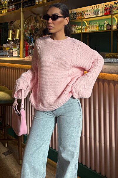Madmext Pink Crew Neck Knit Pattern Women's Knitwear Sweater Mg2601