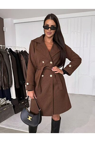 MAXORA SHOP Elegant women's coat made of striped fabric with a drawstring at the waist