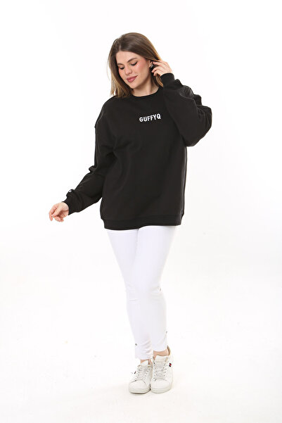 Şans Women's Large Size Black Cotton Fabric Embroidery Text Sweatshirt 65N37616