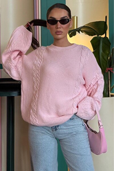 Madmext Pink Crew Neck Knit Pattern Women's Knitwear Sweater Mg2601