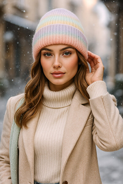 Luminos Butik Pastel Degrade Desenli %100 Yün Bere - Mavi/mor Şık Ve Sıcak Günlük Kullanım Için Ideal Bere1132-1