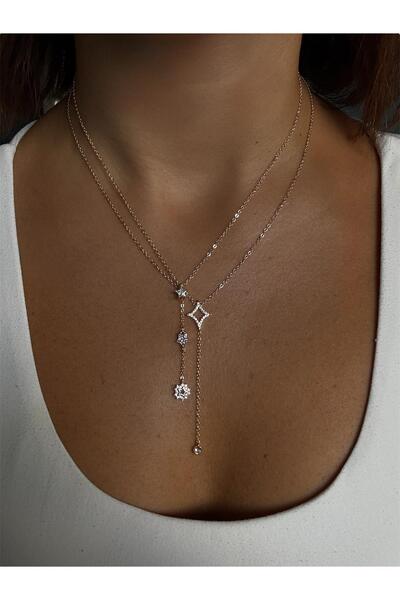 DGK COLLECTİON 14k gold renk rodyum kaplamalı tasarım 2'li kolye