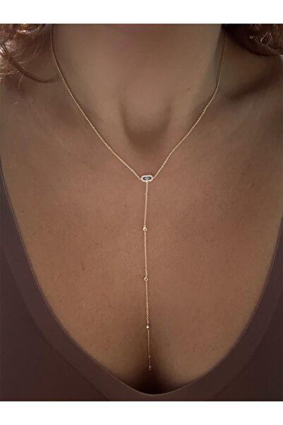 DGK COLLECTİON 14K gold renk,minik turkuaz renk taşlı Y form dekolte kolyesi