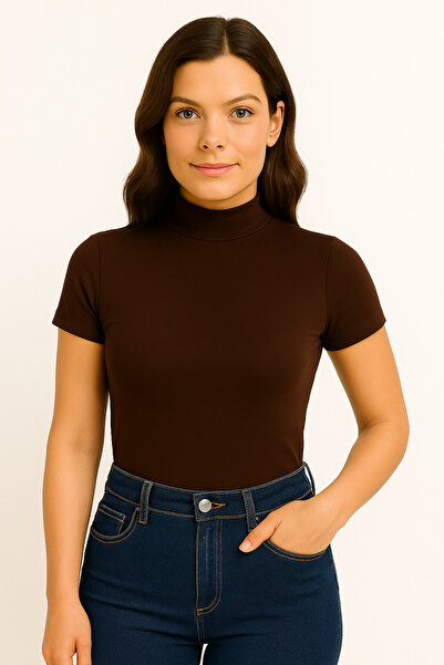 ingegno Μπλουζάκι με μισό ζιβάγκο με κοντό μανίκι από πλεκτό ύφασμα βισκόζης Badi Tek Li Acıkahve Χρώμα