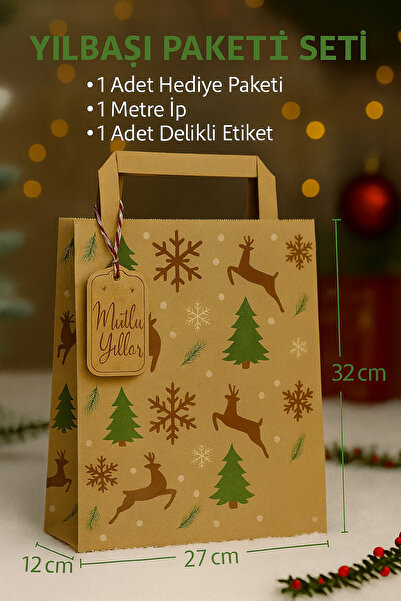 Dekals SET (Paket+Kart+İp) Büyük Boy Kraft Flat Saplı Hediye Poşeti + 1 Metre Süs İp + Yılbaşı Tebrik Kartı