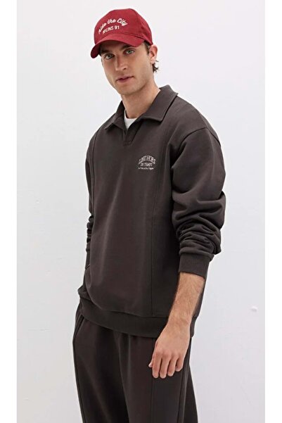 Mavi 0S10479-70219 Polo Neck Embroidered Men's Hooded Sweatshirt Brown
