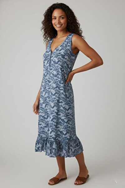 enmodaiçgiyim Rochie de vară pentru femei, cu model de frunze albastre, din bumbac cu volane, cu decolteu în V, cu mâneci zero, lungime midi