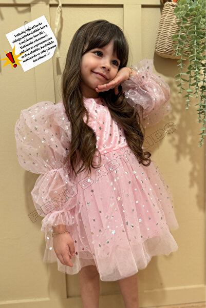 penu baby kids Pembe Yıldız Desenli Katlı Uzun Balon Kol Kız Çocuk Elbise-Star