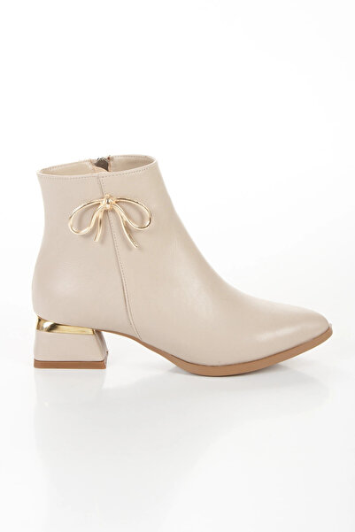 Miss Mitto Kadın Bej Sivri Burunlu Galvaniz Kalın Topuklu Şık Fiyonk Detaylı ...