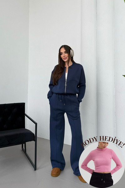 Mezka Γυναικείο σετ αθλητικής φόρμας επένδυση fleece με φερμουάρ με λεπτομέρειες με τρία νήματα χειμερινό μπλε ναυτικό