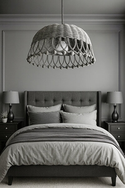 Turkish Belkıs Rattan Rattan Bambu Hasır Sarkıt Gri Antrasit Avize 35 Cm