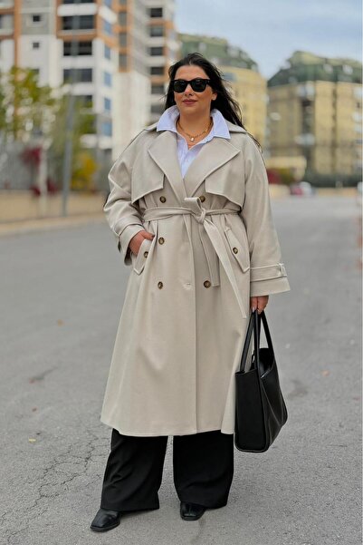 CHUL Apolet Detaylı Astarlı Kemerli Oversize Kaşe Kaban Büyük Beden - Taş Rengi - Geniş Beden Aralığı