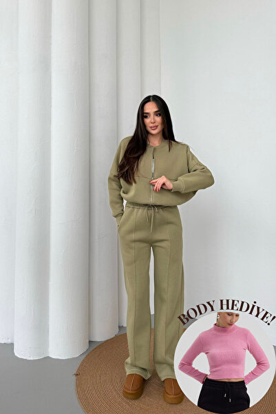 Mezka Γυναικείο σετ αθλητικής φόρμας χειμερινής χακί με επένδυση fleece φερμουάρ με λεπτομέρειες