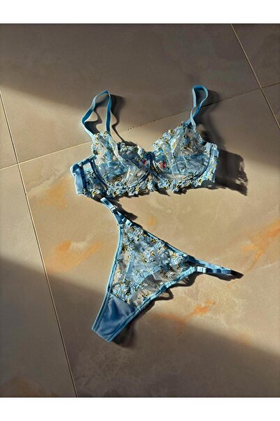 unbranded Bluebelle Mavi Çiçekli Balenli Dantelli Sütyen Takımı