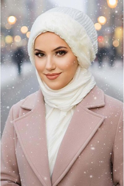Aişe tesettür Off-White Ribbed Fur Accessory Hijab Beanie